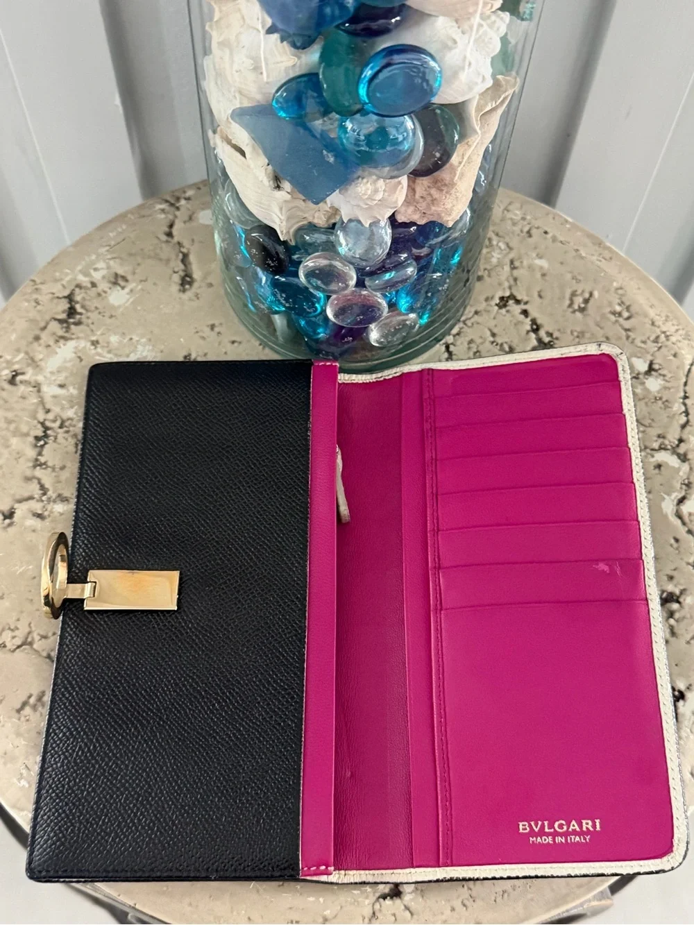 Authentic Bulgari Black Leather Wallet with Gold Clasp and Hot Pink Interior